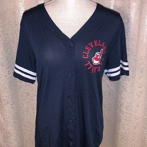Cleveland Indians Jersey Navy Blue Button Up V-Neck Juniors Large